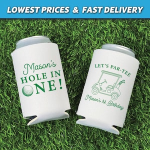 Hole In One Can Coolers, Let&#39;s Partee, Golf Theme Party Huggers, Neoprene Can Coolers, 1st Birthday Favors, Golf First Birthday Party Favors