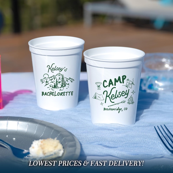 Custom Camp Bachelorette Cups, Mountain Lake Theme Party Favors