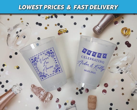 Vivan Los Novios Wedding Shower Cups, Frosted Cups, Viva La Novia Favors, Mexican Theme Bridal Shower, Papel Picado Bridal Shower
