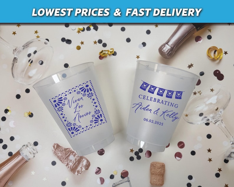 mexican wedding cups, engagement favors, frosted cups, vivan los novios bridal shower favors, mexican theme bridal shower, wedding shower cups, welcome party cups, viva la novia, mexican talavera, papel picado, cielito lindo, mexican wedding shower