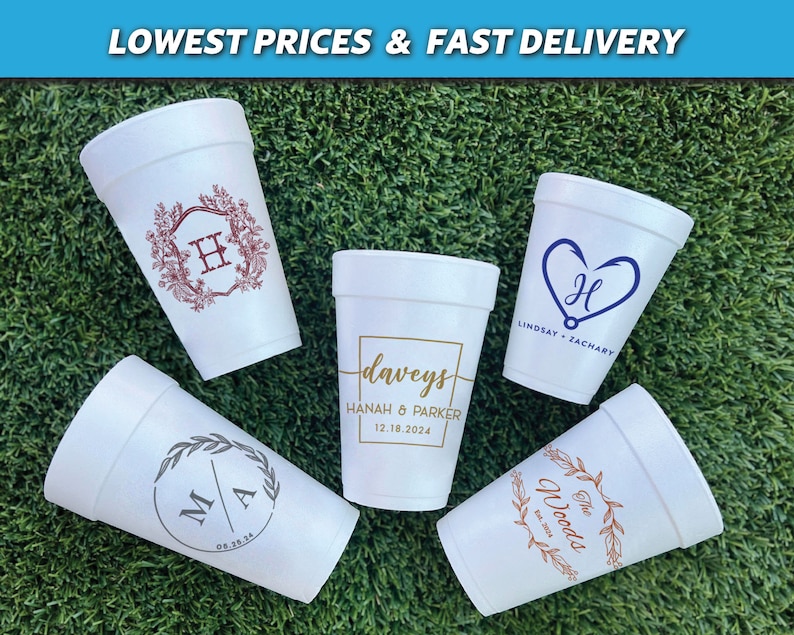 custom wedding cups, monogram foam cups, monogrammed cups, custom foam cups, foam party cups, personalized favors, wedding favors cheap, wedding cups favors, wedding reception, cups for wedding, customizable cups, foam wedding cups, wedding monogram