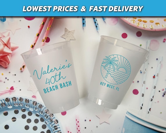 Beach bash Birthday Cups, Coastal Birthday Frosted Cups, 40th Beach Birthday Favors, Beach Destination Weekend Cups, 30th 50th 60th Birthday