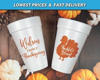 Family Thanksgiving Decor, Thankful and Blessed Foam Cups, Thanksgiving Dinner Styrofoam Cups, Thanksgiving Favors, Friendsgiving Decor