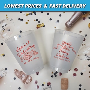 May include: Two frosted plastic cups with red text and illustrations. One says "Special Delivery on the way" with a pizza illustration. The other says "Baby Wilson DUE JUNE 2026" with a bow and pizza slice. The image also includes champagne bottles and confetti.