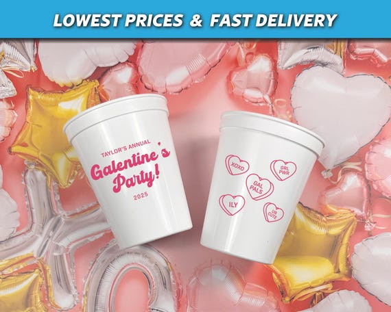 Galentine Party Cups, Valentine's Day Stadium Cups, Galentine Plastic Cups, Galentine's Day Party Decor, Conversation Hearts Cups