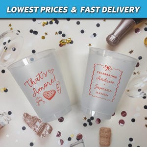 personalized cups, shatterproof cups, modern wedding cups, monogram cups, wedding favors, engagement party, reception decor, frosted plastic cups, thats amore bridal shower favors, italian theme bridal shower, wedding shower cups, welcome party cups