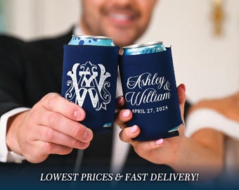 Elegant Wedding Can Coolers, Personalized Wedding Huggers, Modern Wedding Favors, Engagement Party Can Coolers,Interlocking Monogram Huggers