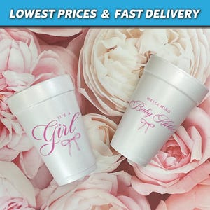 Bow Party Cups for Baby Girl Shower, Custom Baby Shower Foam Cups, Bow Theme Baby Shower Styrofoam Cups, Personalized It&#39;s A Girl Cups