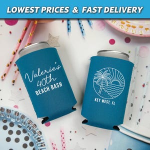 Beach Bash Birthday Can Coolers, Coastal Birthday Huggers, 40th Beach Birthday Favors, Beach Destination Weekend Cups, 30th 50th Birthday