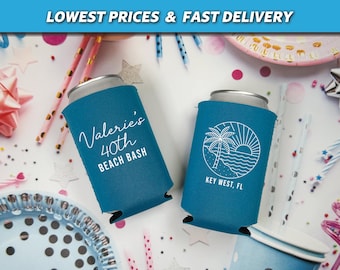 Beach Bash Birthday Can Coolers, Coastal Birthday Huggers, 40th Beach Birthday Favors, Beach Destination Weekend Cups, 30th 50th Birthday