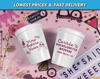 Vino Before Vows Bachelorette Stadium Cups, Personalized Winery Trip Plastic Cups, Winery Bachelorette Favors, Wine Theme Bridal Shower