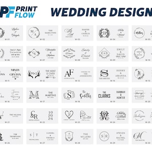 May include: A grid of 30 black and white wedding design templates. Each template features a unique design with initials, names, and dates. The designs are labeled with the letter W and a number.