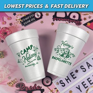 Custom Camp Bachelorette Foam Cups, Camping Bachelorette Styrofoam Cups, Lake and Mountains Bachelorette Theme, Last Trail Before The Veil