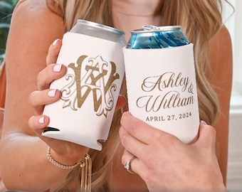 Personalized Wedding Can Coolers, Custom Monogram Huggers