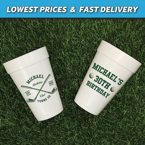 Golf Birthday Cups, Golf Birthday Club Foam Cups, Custom Birthday Party Cups, Styrofoam Cups, Golf Theme Birthday, 30th, 40th, 50th Birthday