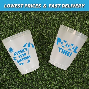 Personalized Pool Birthday Cups, Swimming Party Frosted Cups, Spring Summer Party Favors, Kids Birthday Favors, Plastic Cups