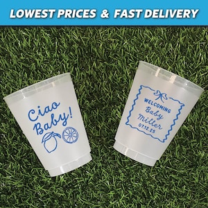 frosted cups, personalized cups, baby shower favors, baby shower cups, its a girl, its a boy, girl shower cups, Ciao Bambino, ciao Bambina, Italian theme baby shower, Italian baby shower cups, amalfi coast summer, baby shower, ciao baby, gender reveal cups, girl shower favors, neutral gender reveal, neutral baby shower, lemon baby shower, citrus baby shower