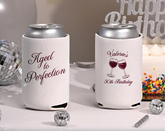 Aged To Perfection Birthday Party Can Coolers, Wine Birthday Theme Huggers, 50th Birthday, 40th Wine Birthday Theme, Winery Birthday Favors