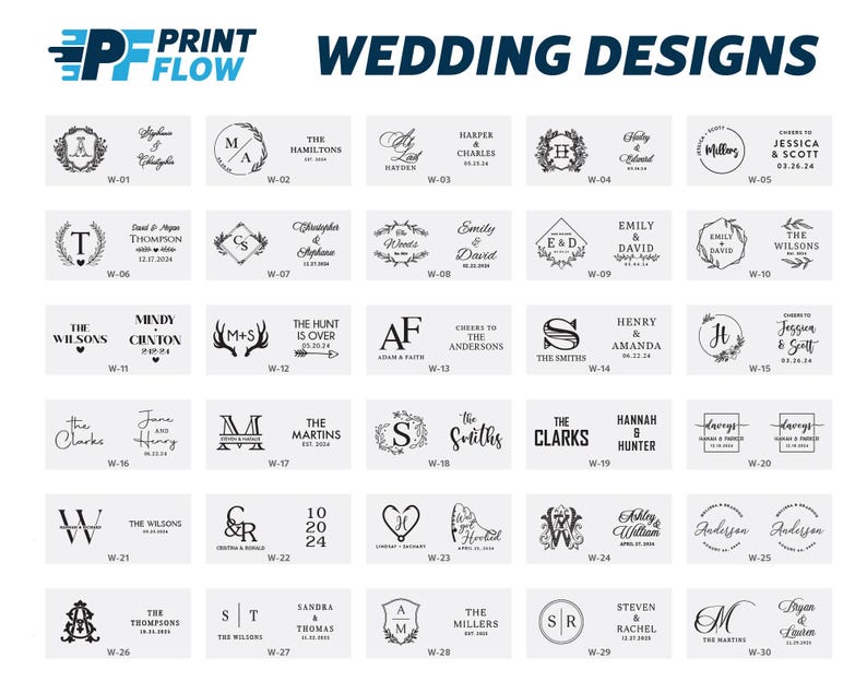 May include: A selection of wedding design templates featuring different fonts and decorative details. The designs incorporate names, initials, and dates, ideal for bespoke wedding stationery. The text "WEDDING DESIGNS" is displayed at the top.