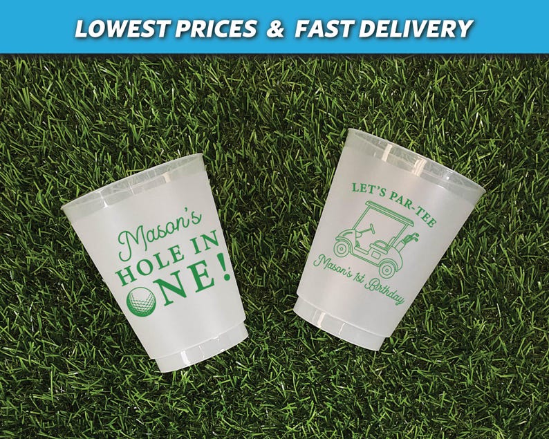 personalized cups, birthday party cups, golf theme cups, golf birthday, lets partee, golf party favors, custom party cups, frosted cups, golf favors, hole in one cups, first birthday cups, 1st birthday cups, masters party cups, mastered it cups