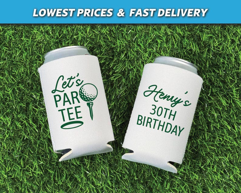 personalized koozies, neoprene koozies, golf birthday theme, golf party koozies, lets partee favors, 30th birthday, 40th birthday, 50th birthday, 60th birthday, custom golf birthday can coolers, golf trip favors, golf cart cups, golf party favors,