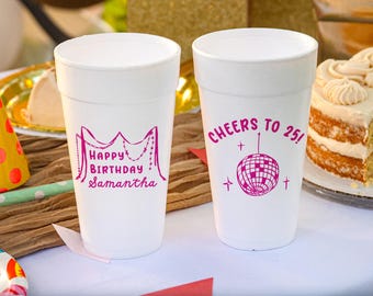 Whimsical Birthday Cups, Whimsy Birthday Party Styrofoam Cups, Disco Birthday Foam Cups, Cheers to 25 Cups, Maximalist Birthday Party