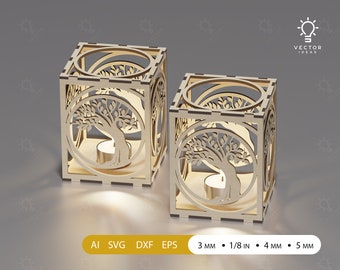 Wooden tea light holder lantern, tree of life, decorative ornament lantern, laser cut files svg ai dxf eps