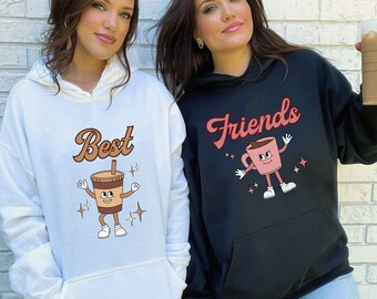 Retro best friends coffee hoodies, coffee brings us together, front and wrist design