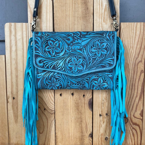 Stunning Turquoise Tooled Crossbody with Fringe!