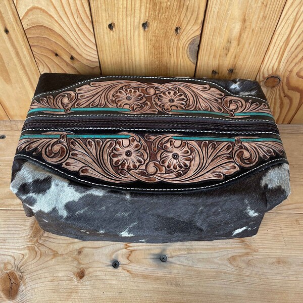 Large Cowhide & Tooled Leather Makeup Bag!