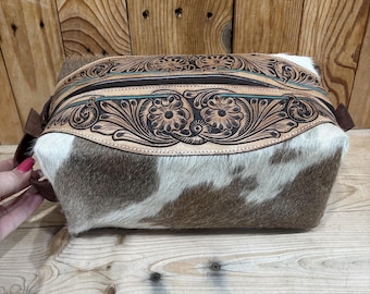 Large Cowhide & Tooled Leather Makeup Bag!