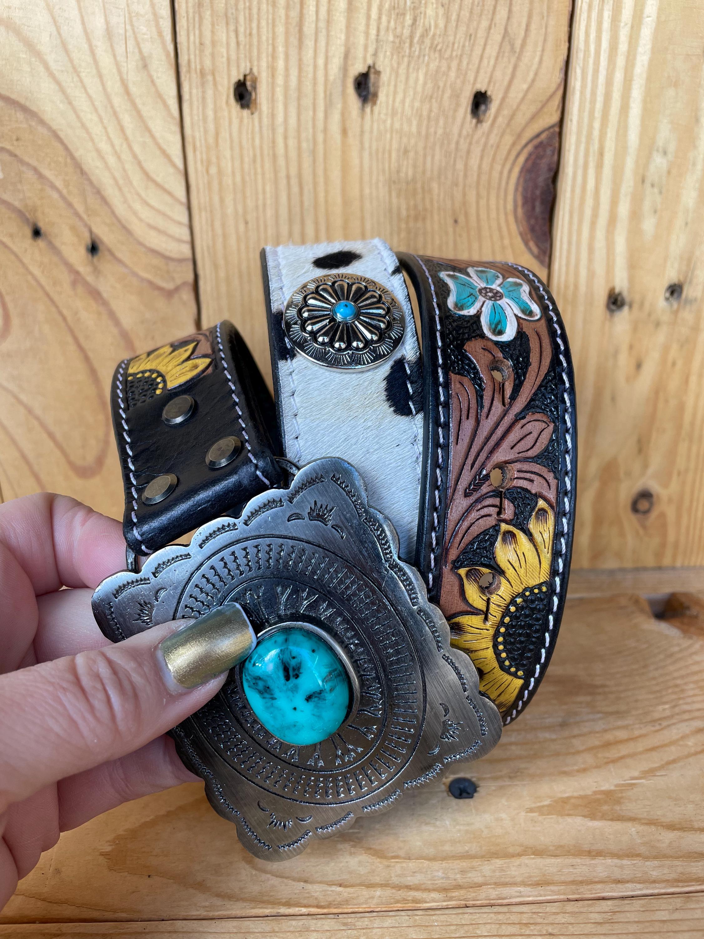 Turquoise Stone Cowhide Belt With Buckle! - Etsy Israel display picture 3