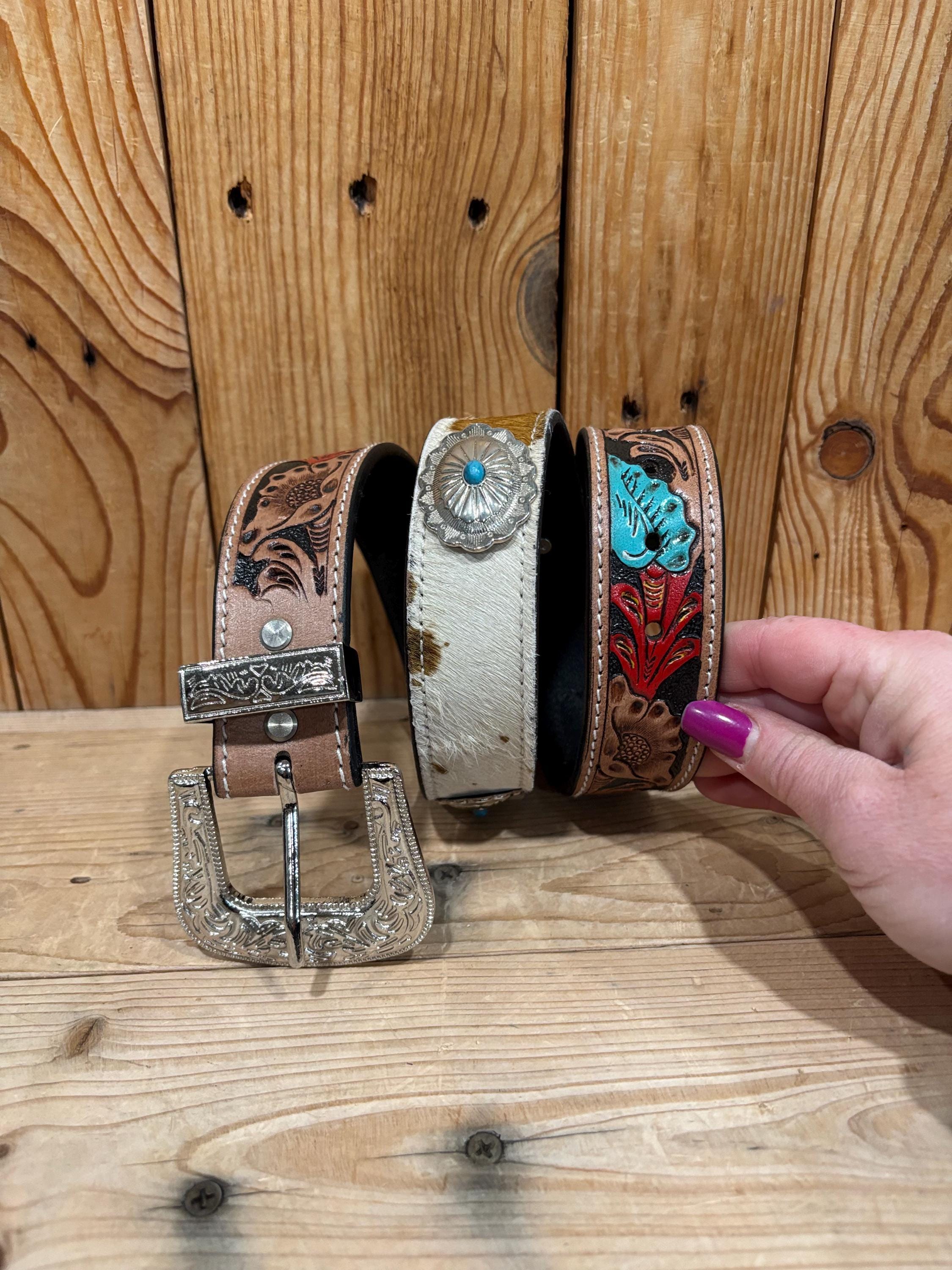 VTG TC Leather Tooled Genuine Cow Hide Leather Western Belt Women’s Small Pink Tooled Cowhide Belt - S to XL – Seven Songbirds Boutique main image 3