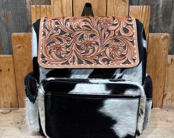 Floral Sunflower Cowhide Backpack Buy Handmade Cowhide Backpack: Sunflower Tooled Leather Bag  main image 3