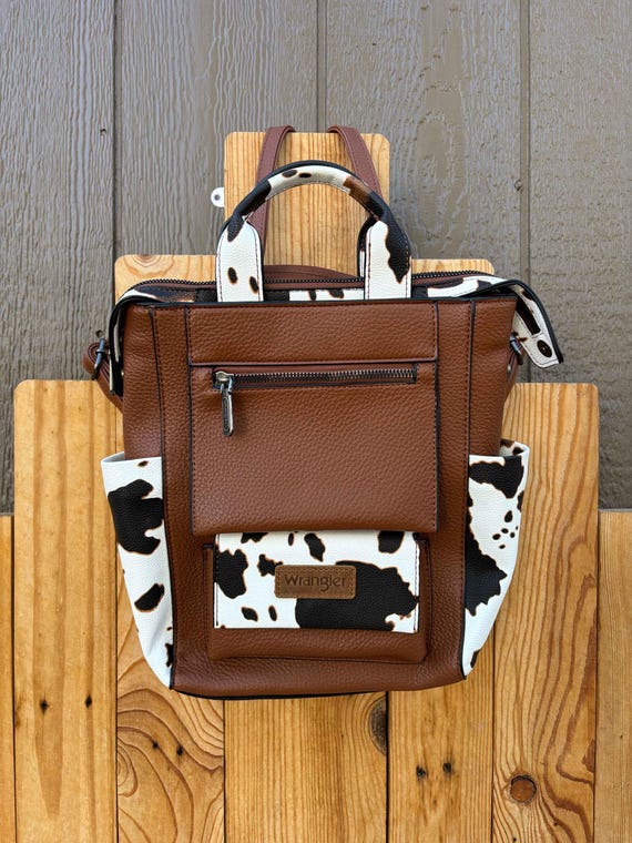Wrangler Cow Print Tote/Shoulder Bag Convertible Backpack - Brown-Brown Amazon.com: Montana West Wrangler Cow Print Backpack Purse  main image 3