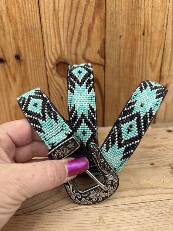 Turquoise Beaded Leather Belt, Prairie Style With Silver  display picture 1