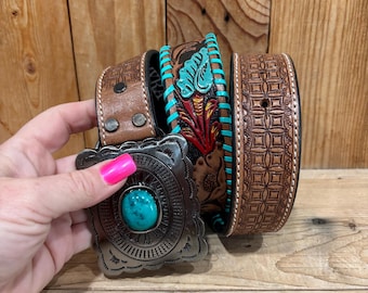 Metal Belt with Stone Buckle Western Silver Metal Belt Buckle W Serpentine Stone Cabochon  main image 4