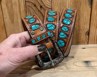 Turquoise Tooled Leather Belt! - Etsy display picture 1