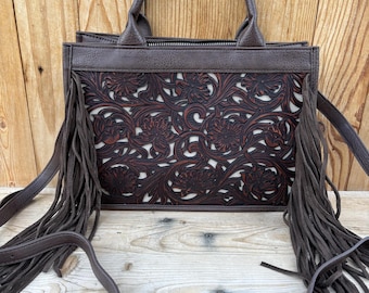 Leather Floral Tooled Concealed Carry Crossbody Bag with Fringe