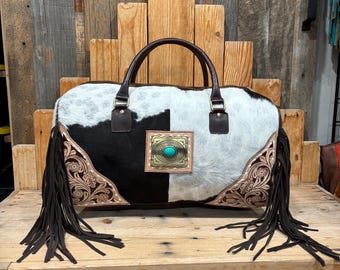 Brown Cowhide Fringe Duffle Bags!