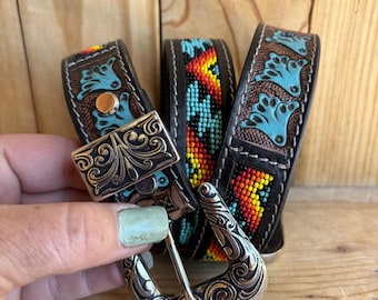 Hand-Tooled Leather Belt: Beaded Women's Belt