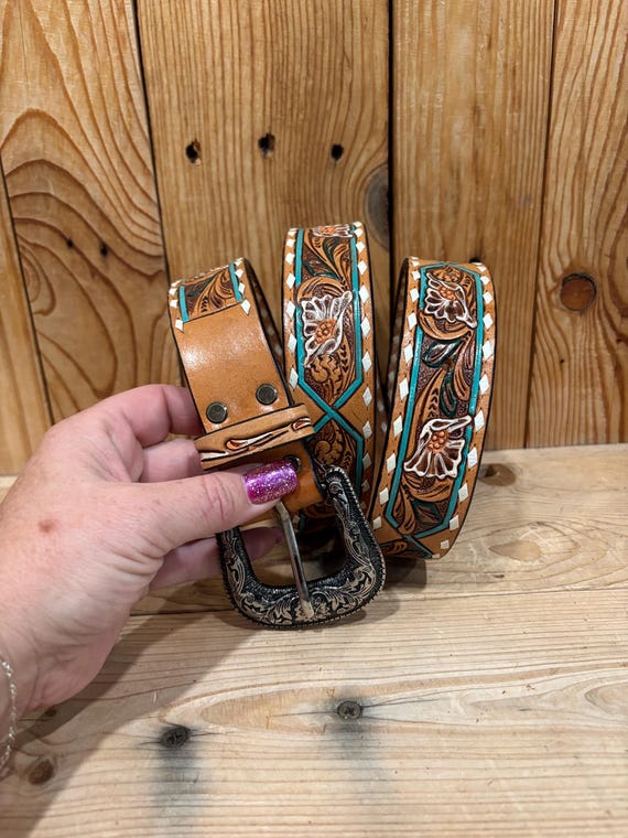 Hand Tooled Leather Belt With Turquoise Accent, Floral 