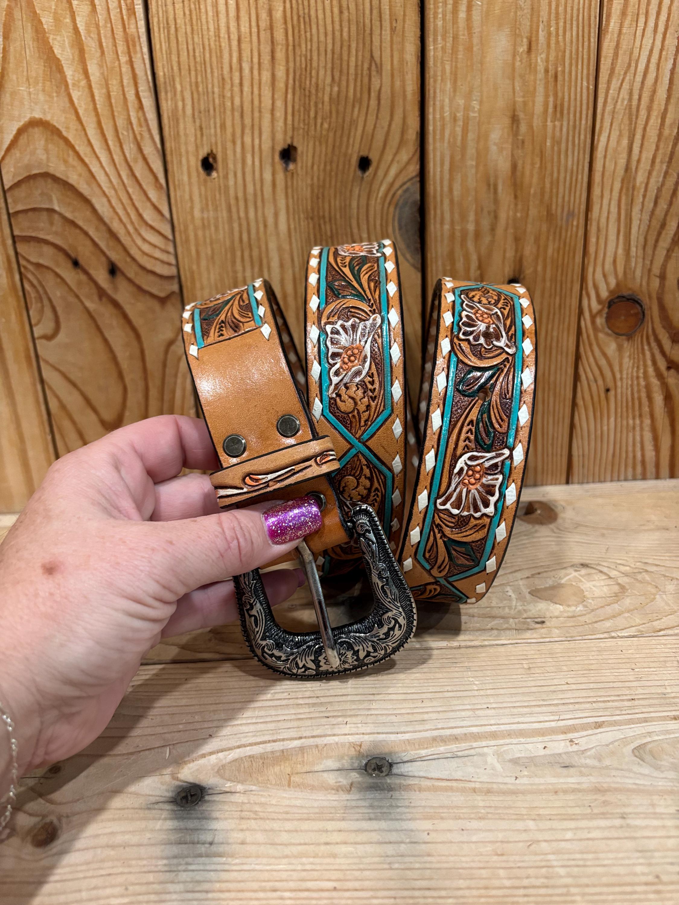 Vintage Carlisle Women\'s Teal Turquoise Lizard Leather Belt XS‎ 26-31 in Genuine Turquoise Tooled Leather Belt main image 2