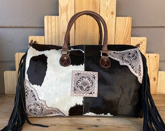 Cowhide & Tooled Leather Fringe Duffle!