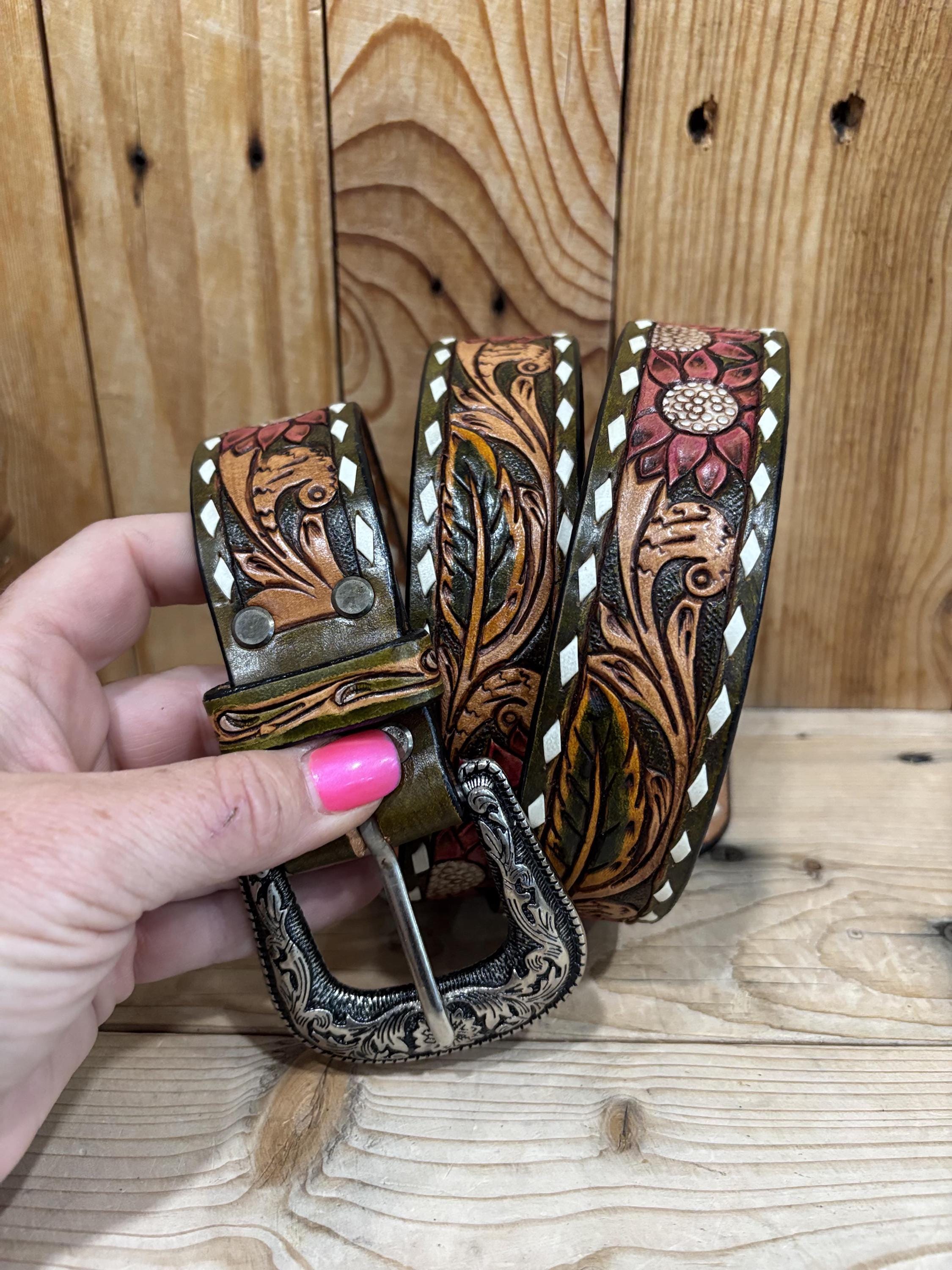 VINTAGE Belt Hand Tooled Leather “Debbie” Flowers Leaves Western Rodeo Texas VINTAGE Belt Hand Tooled Leather “Debbie” Flowers Leaves  main image 2