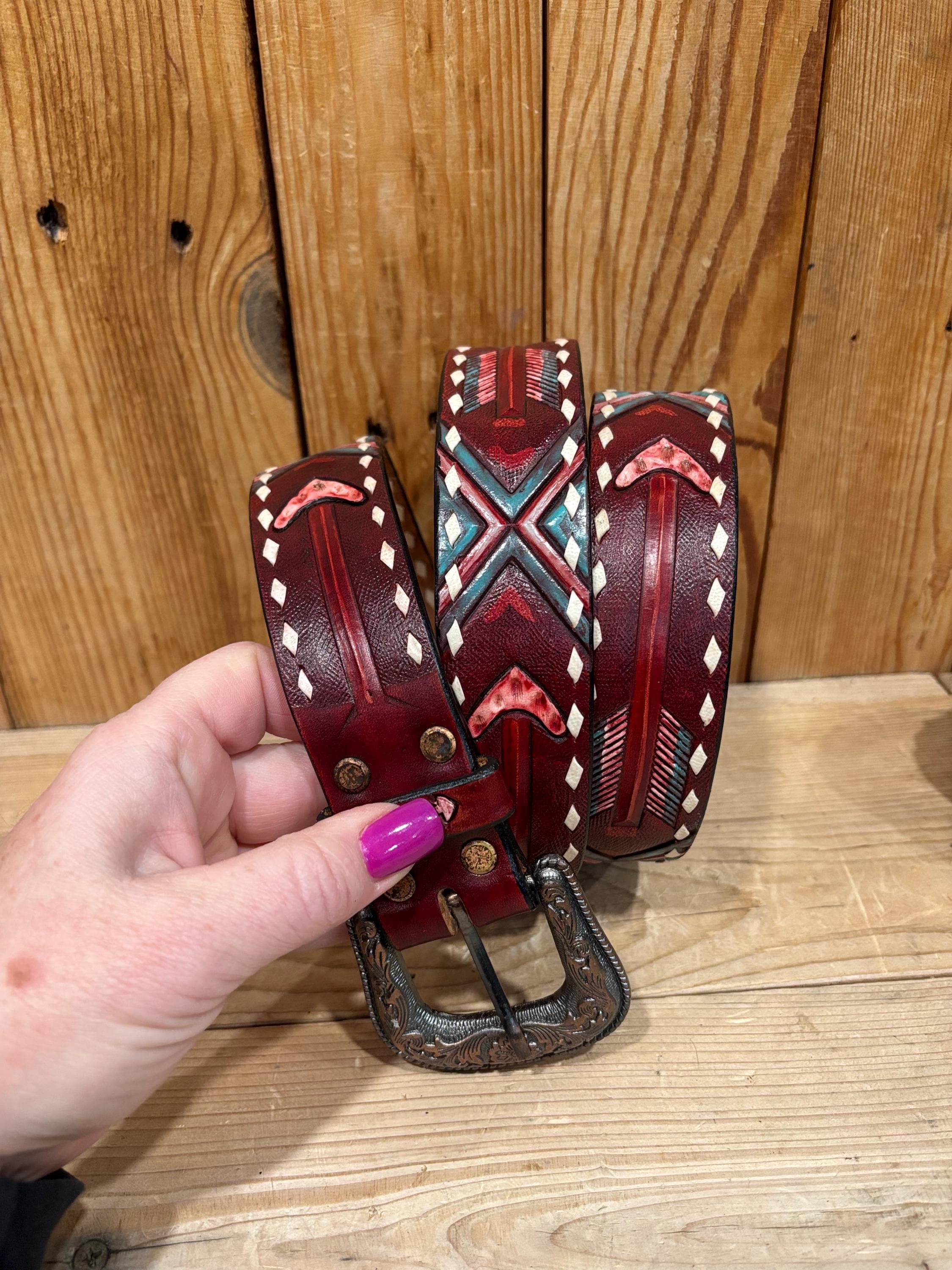 Tooled Leather Aztec Belt! - Etsy display picture 1