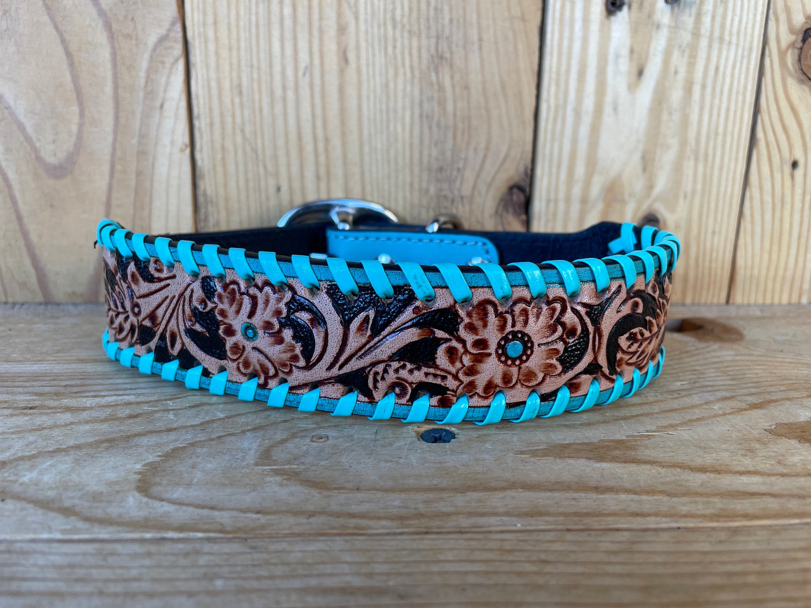 Hand Tooled Dog Collars! - Turquoise, Large