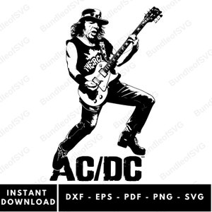 Puede incluir: Ilustración en blanco y negro de un guitarrista tocando la guitarra, con el nombre de la banda "AC/DC" debajo. La imagen incluye el texto "DESCARGA INSTANTÁNEA" y opciones de tipo de archivo: DXF, EPS, PDF, PNG y SVG.
