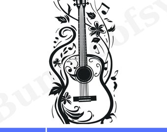 Floral Guitar SVG, Guitar Flower SVG, Guitar Svg, Acoustic Guitar Svg, Music Notes Svg, Guitar with Flowers svg, Guitar silhouette, Digital