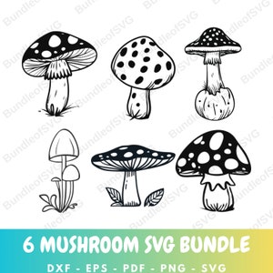 Puede incluir: Una ilustración en blanco y negro de seis diseños de hongos diferentes. Los hongos tienen varias formas de sombrero y estilos de tallo, algunos con patrones de puntos. El texto "6 MUSHROOM SVG BUNDLE" está en la parte inferior, junto con abreviaturas de tipos de archivo.